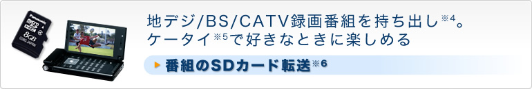 地デジ/BS/CATV録画番組を持ち出し※4。ケータイ※5で好きなときに楽しめる　番組のSDカード転送※6
