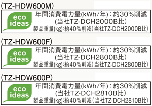 
（TZ-HDW600M）年間消費電力(kWh/年)：30％削減(当社TZ-DCH2000B比)製品重量(kg)：40％削減(当社TZ-DCH2000B比)
（TZ-HDW600F）年間消費電力(kWh/年)：30％削減(当社TZ-DCH2800B比)製品重量(kg)：40％削減(当社TZ-DCH2800B比)
（TZ-HDW600P）年間消費電力(kWh/年)：30％削減(当社TZ-DCH2810B比)製品重量(kg)：40％削減(当社TZ-DCH2810B比)